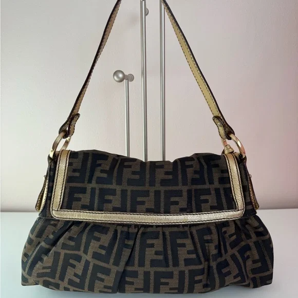Fendi Chef Brown and Black Zucca Logo Shoulder Bag with Gold Charm